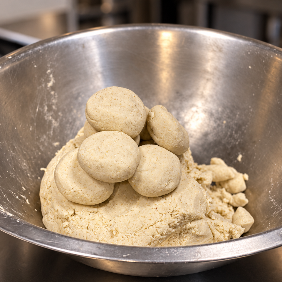 Large metal mixing bowl filled with pale dough and topped with several rounded dough balls in a commercial kitchen.
