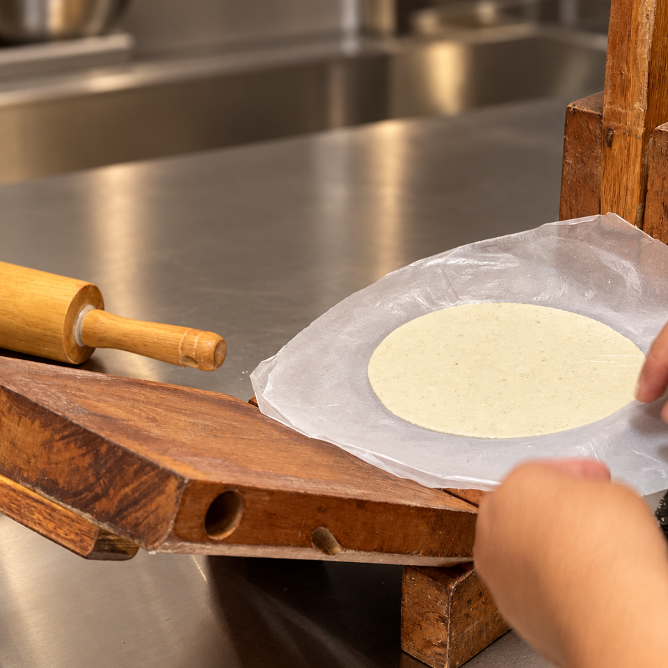 Hands prepare a round tortilla on parchment paper using a traditional wooden tortilla press in a restaurant kitchen.