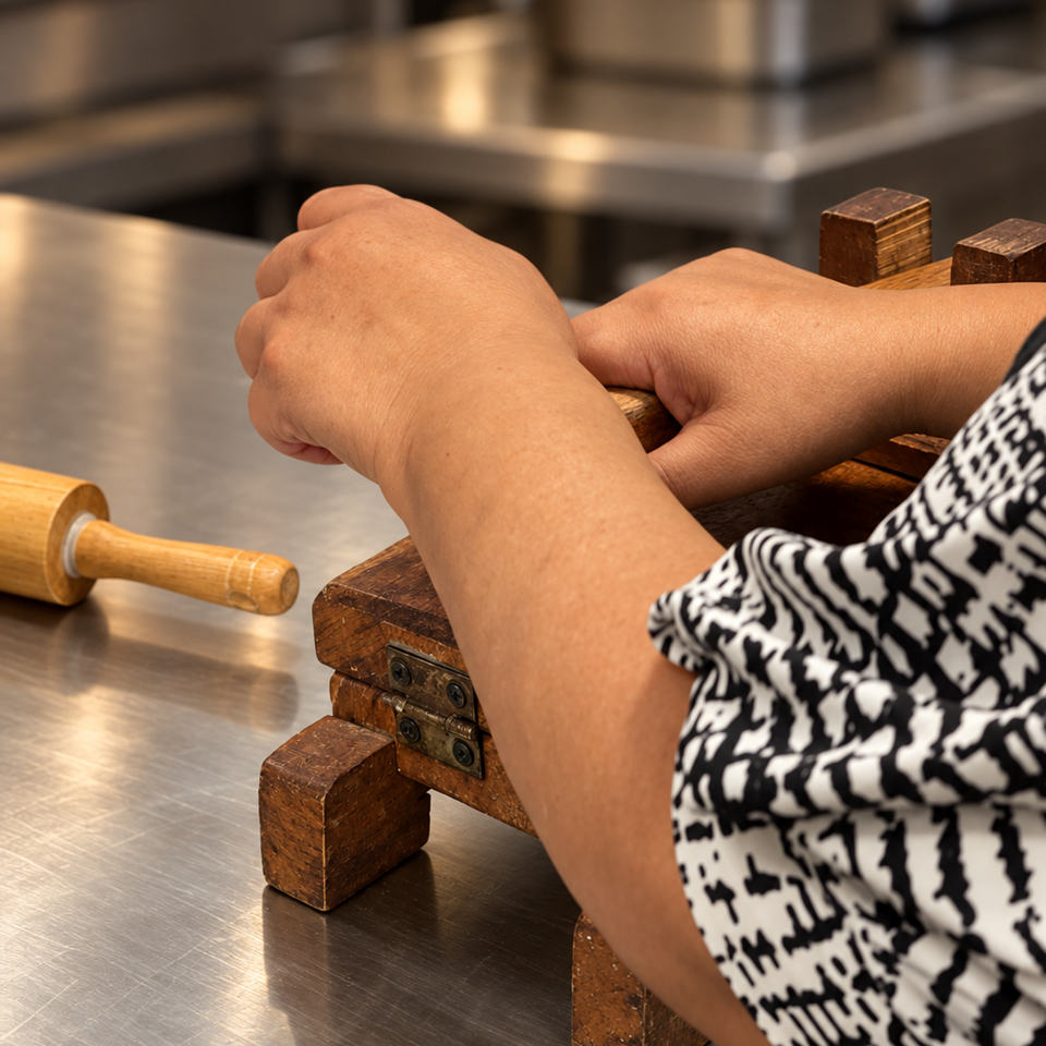 Person uses a wooden kitchen press on a stainless-steel counter, with a rolling pin nearby.