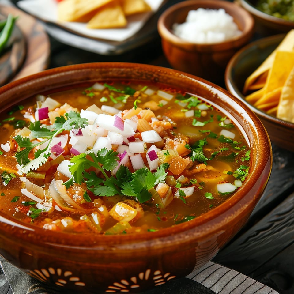 Bowl of Mexican menudo topped with cilantro and diced onions, surrounded by tortillas, lime, and a bowl of rice.